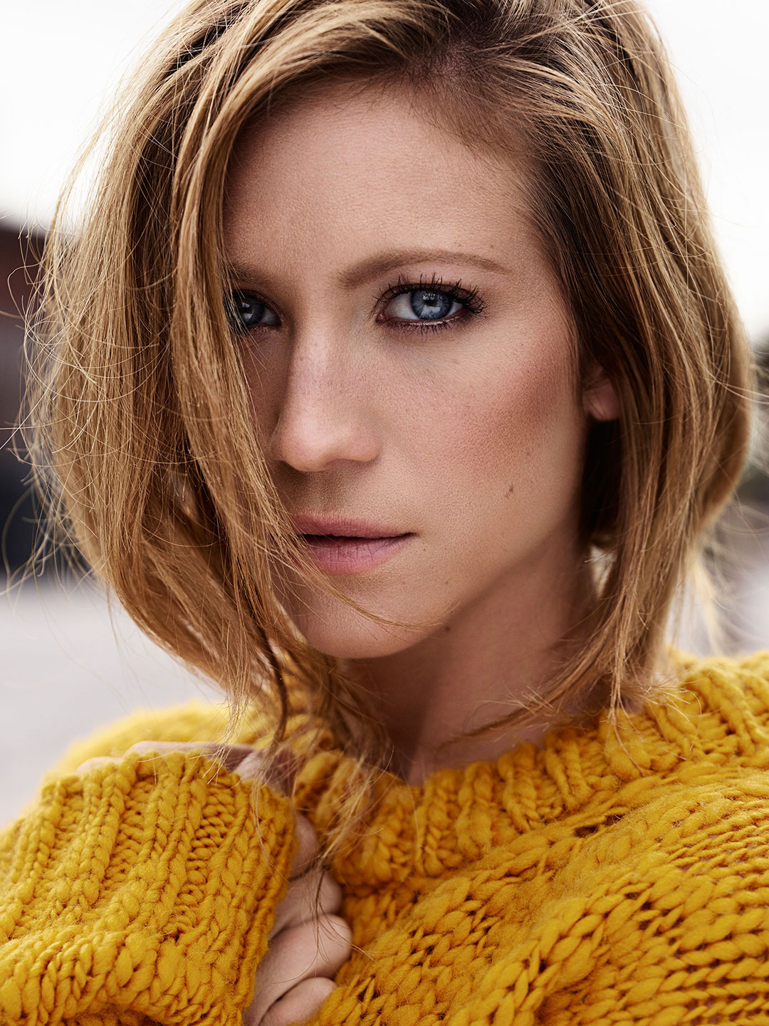 Brittany Snow Yellow Sweater Yahoo Style Beauty Portrait Photographed by Alisha Goldstein of Jane Smith Agency